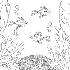 Underwater world with fish. Coloring Book Page