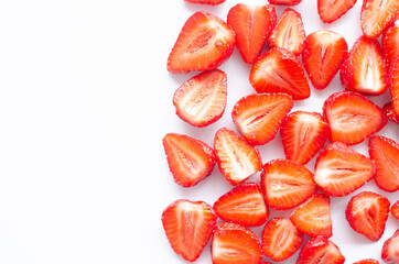 red raw fresh strawberries on white background, close view 