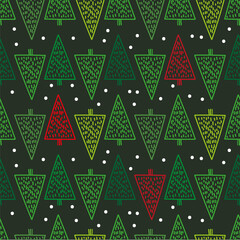 Christmas fir trees in a seamless pattern, modern hand draw design. Winter background. Can be used for printed new year materials - leaflets, posters, business cards or for web