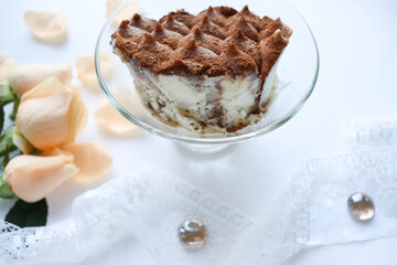 chocolate dessert. truffle ice cream in a glass bowl