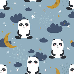 Pandas, hand drawn backdrop. Colorful seamless pattern with animals, moon, stars. Decorative cute wallpaper, good for printing. Overlapping colored background vector. Design illustration. Zzzz