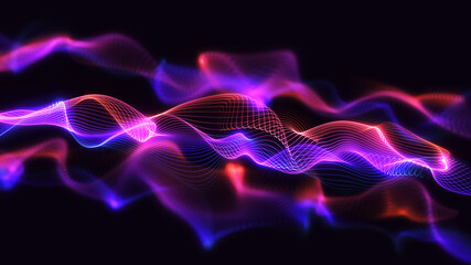 Obraz premium Digital technology background illustration. Glowing wavy line particles with beautiful bokeh effect. Creative 3d design concept