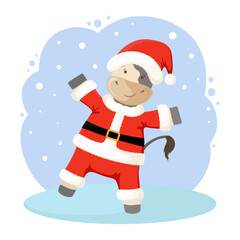 New year cartoon bull illustration. Funny character of a bull wearing Santa costume.