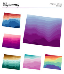 Set of vector maps of Wyoming. Vibrant waves design. Bright map of us state in geometric smooth curves style. Multicolored Wyoming map for your design. Creative vector illustration.