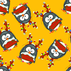 Cute colorful cartoon penguin in snow with Christmas sign, candy and lights seamless pattern template. Bright vector illustration for games, background, pattern, decor. Print for fabrics 