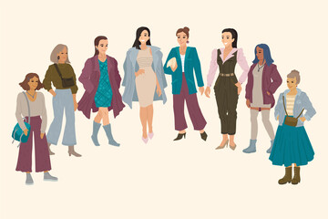 Obraz premium Different races and nationalities of women. A set of characters. Banner design, people illustration.