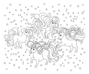Unicorns in space. Stars ond moon around. Outline drawing, lines for coloring, black and white outline illustration for childrens drawing. Vector cartoon design.