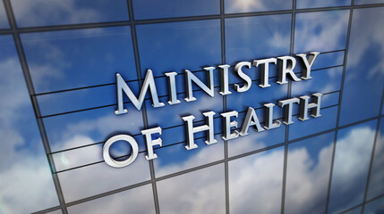 Ministry of Health glass skyscraper with mirrored sky 3d illustration