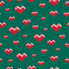 Seamless pattern with red hearts on the green background