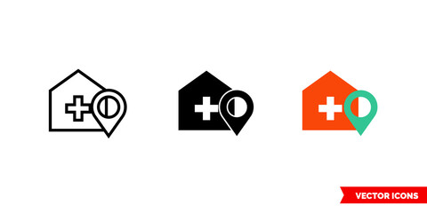 Hospital location icon of 3 types color, black and white, outline. Isolated vector sign symbol.