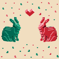 Postcard with the red and green isometric rabbits in love, on the beige background