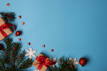 Festive Christmas decorations on blue background