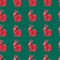 Seamless pattern with the red isometric rabbits in the green background