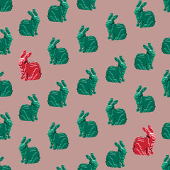 Seamless pattern with the red and green rabbits in the pink background