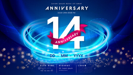 14 years anniversary logo template on dark blue Abstract futuristic space background. 14th modern technology design celebrating numbers with Hi-tech network digital technology concept design elements.