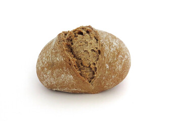 Aerial view of oval shaped artisan rye bread isolated on white background. Close up of soft and fluffy bun. Healthy and organic food pattern. Close up of soft and fluffy bun.
