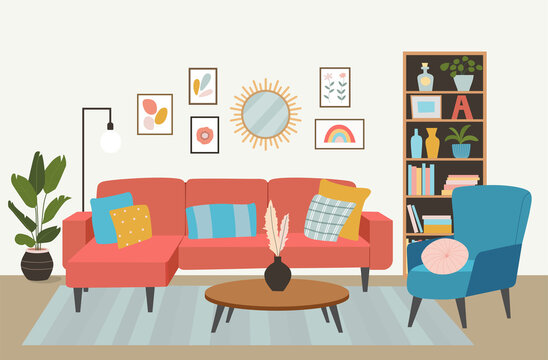 Living room interior. Comfortable sofa,  bookcase, chair and house plants. Vector flat illustration