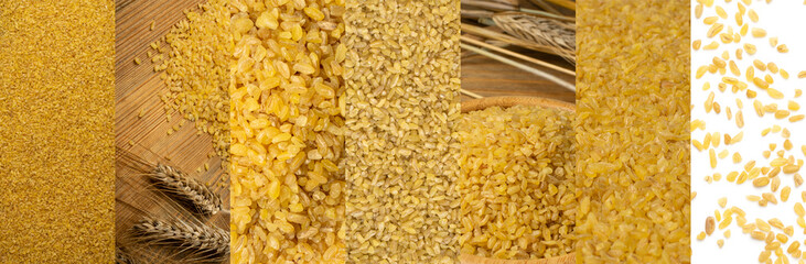 Bulgur Texture Food Collage, Various Raw Bulghur Collection