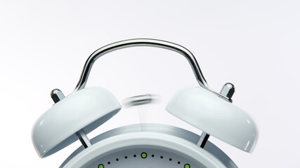Close up bell of vintage white alarm clock triggers alarm isolated on white background. Retro...