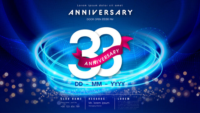 33 years anniversary logo template on dark blue Abstract futuristic space background. 33rd modern technology design celebrating numbers with Hi-tech network digital technology concept design elements.