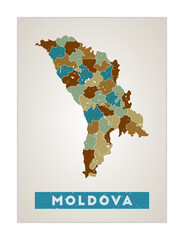 Moldova map. Country poster with regions. Old grunge texture. Shape of Moldova with country name. Neat vector illustration.