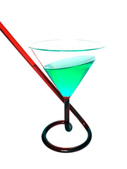 Abstract photo with a glass  with built-in straw and with the liquid inside crooked even though on a horizontal orientation.