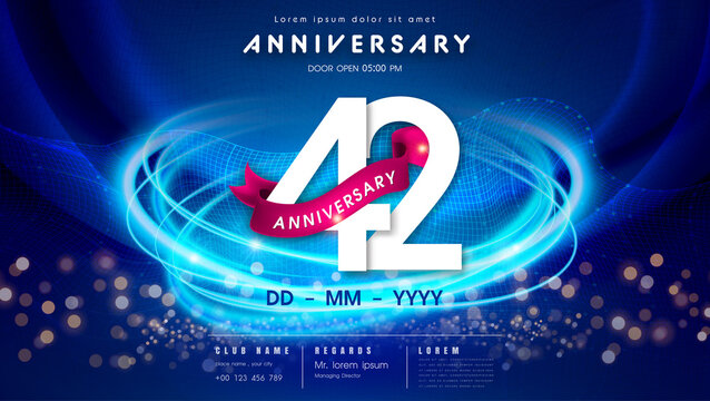 42 years anniversary logo template on dark blue Abstract futuristic space background. 42nd modern technology design celebrating numbers with Hi-tech network digital technology concept design elements.