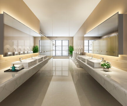3d rendering wood and modern tile public toilet