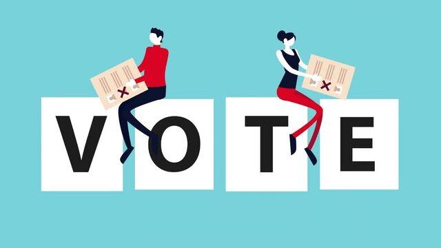 election day democratic animation with couple lifting voting cards