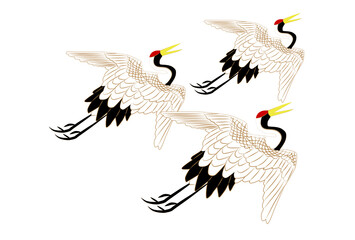 3羽の和風丹頂鶴-白背景