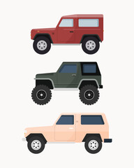 Set of off-road suv car. Off road vehicles vector illustration. 