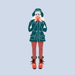 Cute funny girl wearing a winter jacket illustration. Female winter outfit. Isolated illustration for a card, greeting. Trendy hand-drawn jpg illustration.