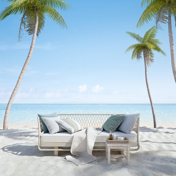 Sofa on sand beach with palm.Concept for vacation and relaxation.3d rendering