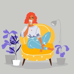 Red hair girl sitting on a yellow armchair and drinking coffee. The woman at home. Living room interior. Stay at home concept. Trendy illustration of a girl sitting on a sofa.