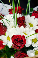Bouquet of flowers bright red roses and white daisies, macro photo floristry, shop advertising and flower delivery bouquets, rosebud with drops of dew water freshness