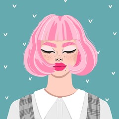 Pink hair Asian teenage girl with eyes closed illustrated portrait. Trendy hand-drawn Asian woman wearing a pink wig. Student girl wearing a uniform. Asian girl on a green background. Modern poster.