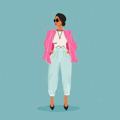 Fashion model standing. Illustrated woman portrait on a blue background. Female in a pink jacket. Trendy illustration. Woman wearing blue jeans. A beautiful lady standing alone.