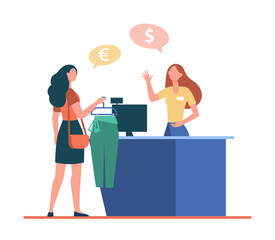 Woman buying clothes in fashion store, consulting cashier at counter. Currency, euro, dollar flat vector illustration. Shopping, currency payment concept for banner, website design or landing web page