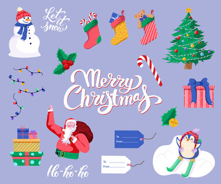 Set of Christmas elements. Santa Claus, Christmas tree, snowman, socks, candy cane, gifts, tags, penguins, gifts, lettering, and other elements. Flat cartoon style. Colorful vector illustration.