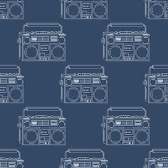 Vector seamless pattern with retro tape recorder on dark blue background, white outline, music background