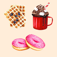 Watercolor Hand Drawn Clip Art Food Illustration Pastry Bakery Dessert Belgian Waffle Donuts Cocoa Hot Chocolate Sweet Drink Isolated Elements Collection