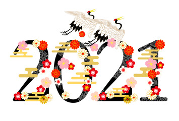 2021年丑年年賀状-和柄丹頂鶴