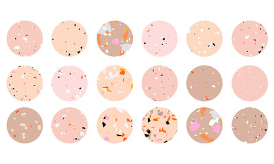 Trendy terrazzo highlight icon set. Beige stone texture icons for social media, button design. Terrazzo circle collection. Grungy concrete texture icons. Modern infographics. Hand-drawn vector shapes.