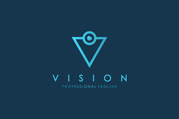 Abstract Initial Letter V Vision Logo. Blue Linear V Letter with Eye Icon Combination isolated on Blue Background. Usable for Business and Technology Logos. Flat Vector Logo Design Template Element.