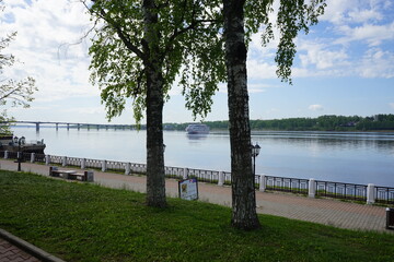 view from the embankment to the Volga along which the ship is sailing. Kostroma