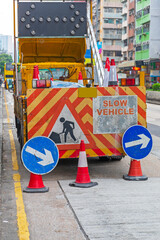 Road Works Slow Truck at Street in Hong Kong