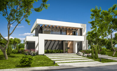 Fototapeta na wymiar 3d rendering of modern cozy house with pool and parking for sale or rent in luxurious style and beautiful landscaping on background. Summer sunny day with clear blue sky.