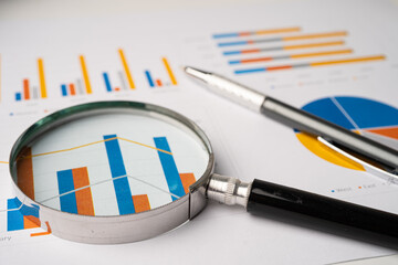 Magnifying glass on charts graphs paper. Financial development, Banking Account, Statistics, Investment Analytic research data economy, Stock exchange trading, Business office company meeting concept.