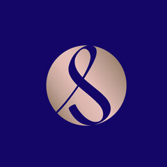 Fototapeta premium Script style letter s logo in a circular emblem.Rose gold metallic vector icon with hand drawn lowercase lettering isolated on dark background.Alphabet initial.