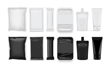 set of white and black paper and plastic packaging isolated on white background
